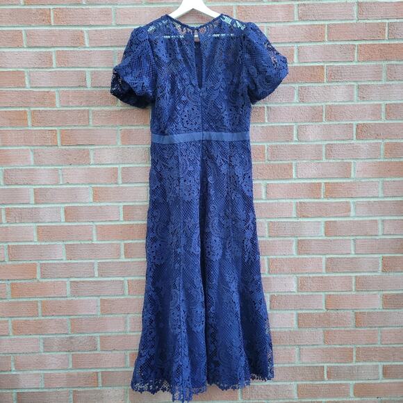 Self-Portrait Laced Puff Sleeved Midi Dress Navy size 10 - Picture 7 of 12